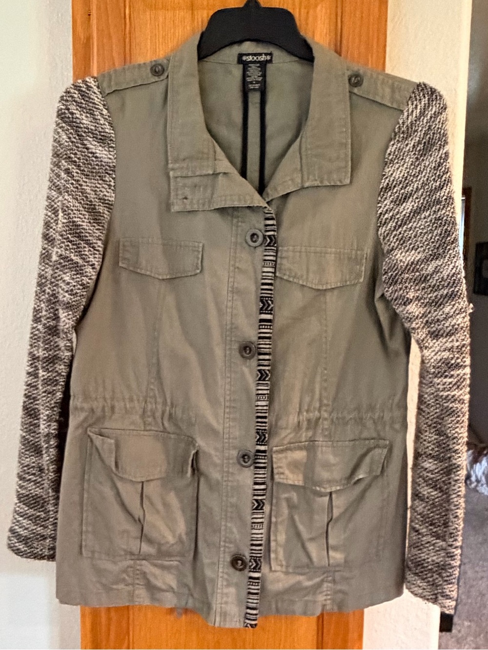 Stoosh Olive Utility Jacket with Gray Knit Sleeves